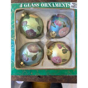 Vintage Hand-Painted Glass Christmas Ornaments Set Of 4 With Floral Glitter Desi